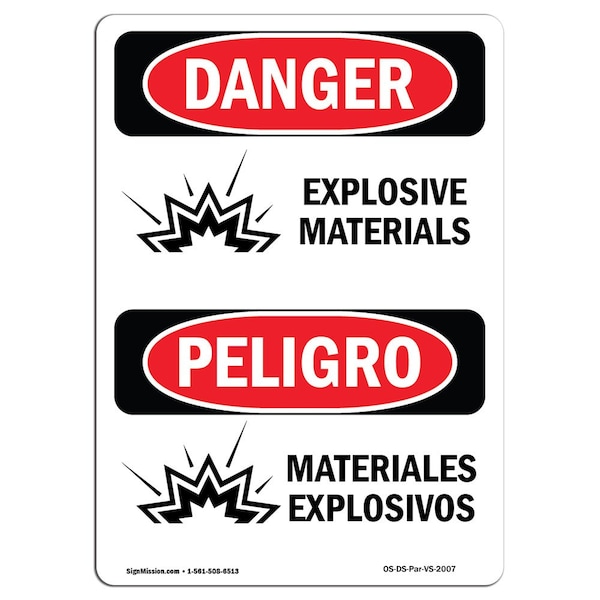 Safety Sign, OSHA Danger, 5" Height, Explosive Materials, Bilingual Spanish, 10PK